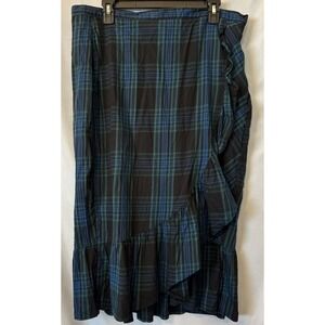 Free Assembly Ruffle Skirt 18 Blue Green Plaid Flannel Faux Wrap Midi